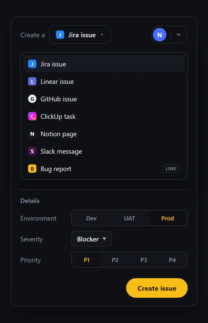 The destination menu, open on all six trackers, with the QA fields below it.
